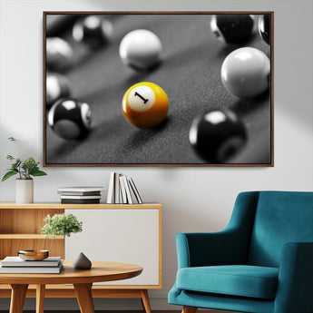 52108-MGV-CV-36X24-Precision Pool Table Wall Art – Close Up Yellow 1 Ball Canvas Print, Hand-Played Billiards Game Decor for Office, Game Room, or