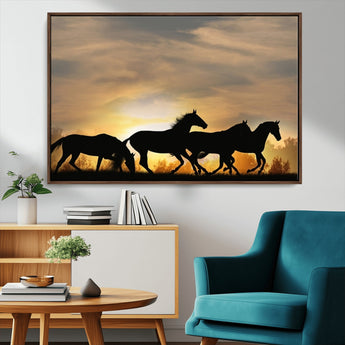 16620-MGV-CV-36X24-Sunset Stallions Wall Art – Silhouetted Horses Running Canvas Print, Nature’s Rhythm, Perfect for Living Room, Office, or Man Cave