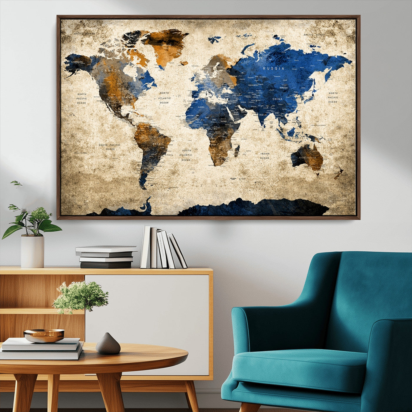 58821-MGV-CV-36X24-Blue and Gold World Map Canvas Wall Art – Elegant Vintage Travel Map Print, Large Framed Wall Decor for Living Room, Study, Home or Office
