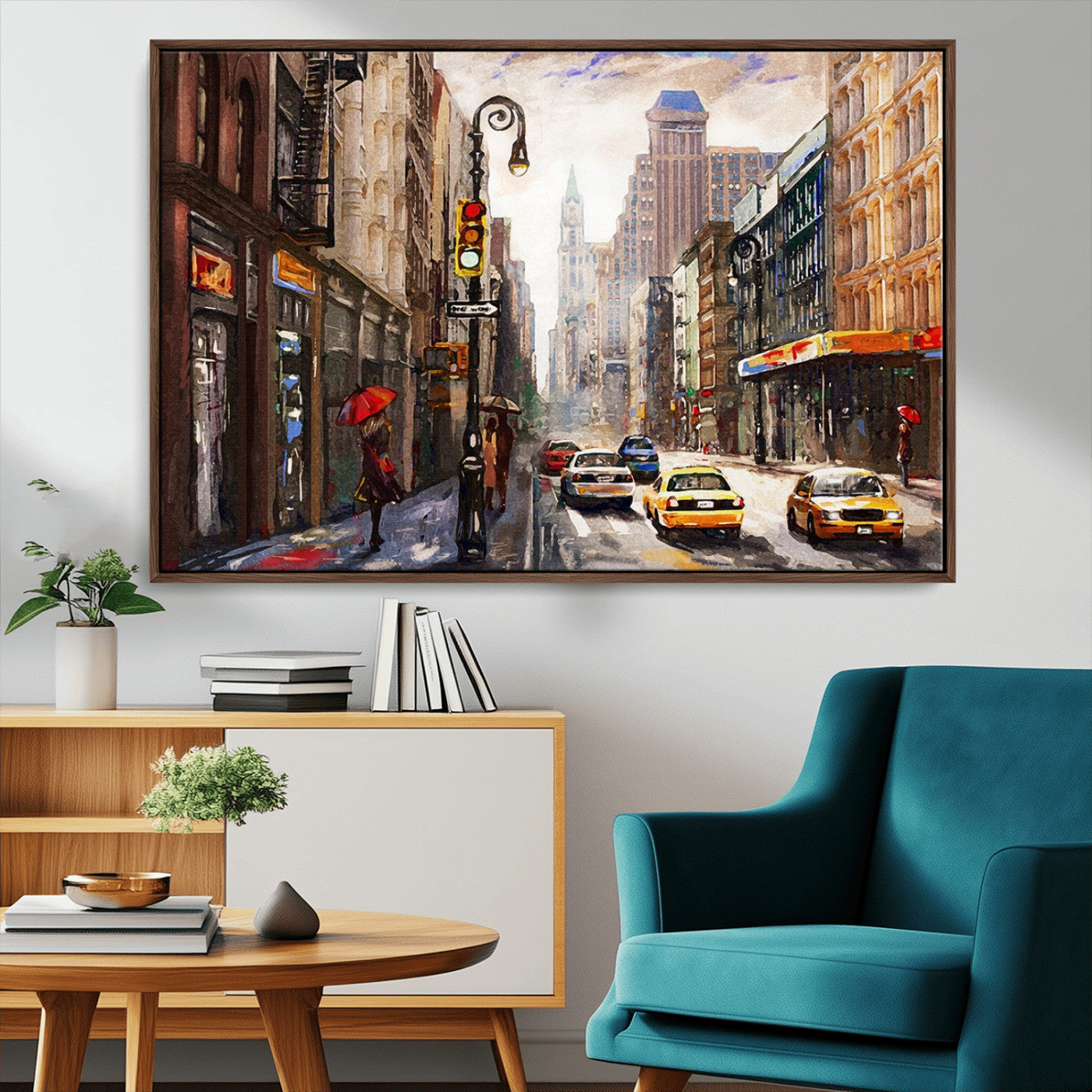 72995-MGV-CV-36X24-Colorful NYC Street Wall Art – Vibrant Cityscape with Red Umbrellas and Yellow Taxis Canvas Print, Urban Decor for Living Room or