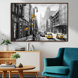32362-MGV-CV-36X24-NYC Street Wall Art – Black and White Cityscape with Yellow Taxis and Umbrella Canvas Print, Urban Home Decor for Living Room or