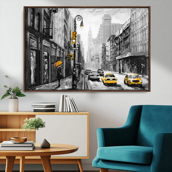 32362-MGV-CV-36X24-NYC Street Wall Art – Black and White Cityscape with Yellow Taxis and Umbrella Canvas Print, Urban Home Decor for Living Room or