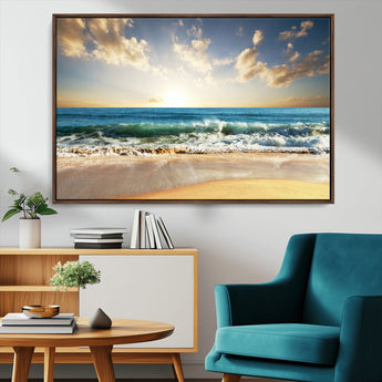 13139-MGV-CV-36X24-Sunrise Beach Wall Art – Ocean Waves and Golden Sand Canvas Print, Coastal Home Decor for Living Room, Bedroom, or Office
