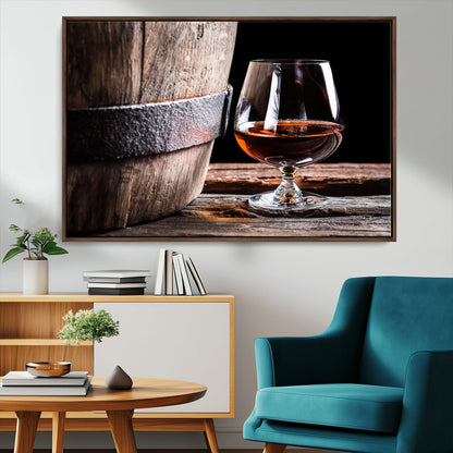50839-MGV-CV-36X24-Barrel & Brandy Wall Art – Rustic Whiskey Barrel and Brandy Glass Canvas Print, Elegant Home Bar or Lounge Decor for Office, Man