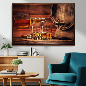 52458-MGV-CV-36X24-Whiskey Pour Wall Art – Elegant Whiskey Bottle Pouring into Glasses Canvas Print, Refined Bar or Lounge Decor for Home, Office, or