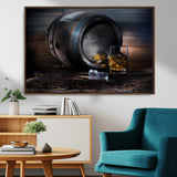 78049-MGV-CV-36X24-Whiskey Barrel Wall Art – Rustic Whiskey Barrel and Glass with Ice Canvas Print, Classic Bar or Lounge Decor for Home, Office, or