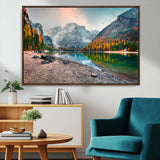 25982-MGV-CV-36X24-Autumn Mountain Lake Wall Art – Panoramic Fall Foliage and Snowy Peaks Canvas Print, Scenic Nature Decor for Living Room or Office
