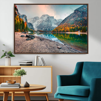25982-MGV-CV-36X24-Autumn Mountain Lake Wall Art – Panoramic Fall Foliage and Snowy Peaks Canvas Print, Scenic Nature Decor for Living Room or Office