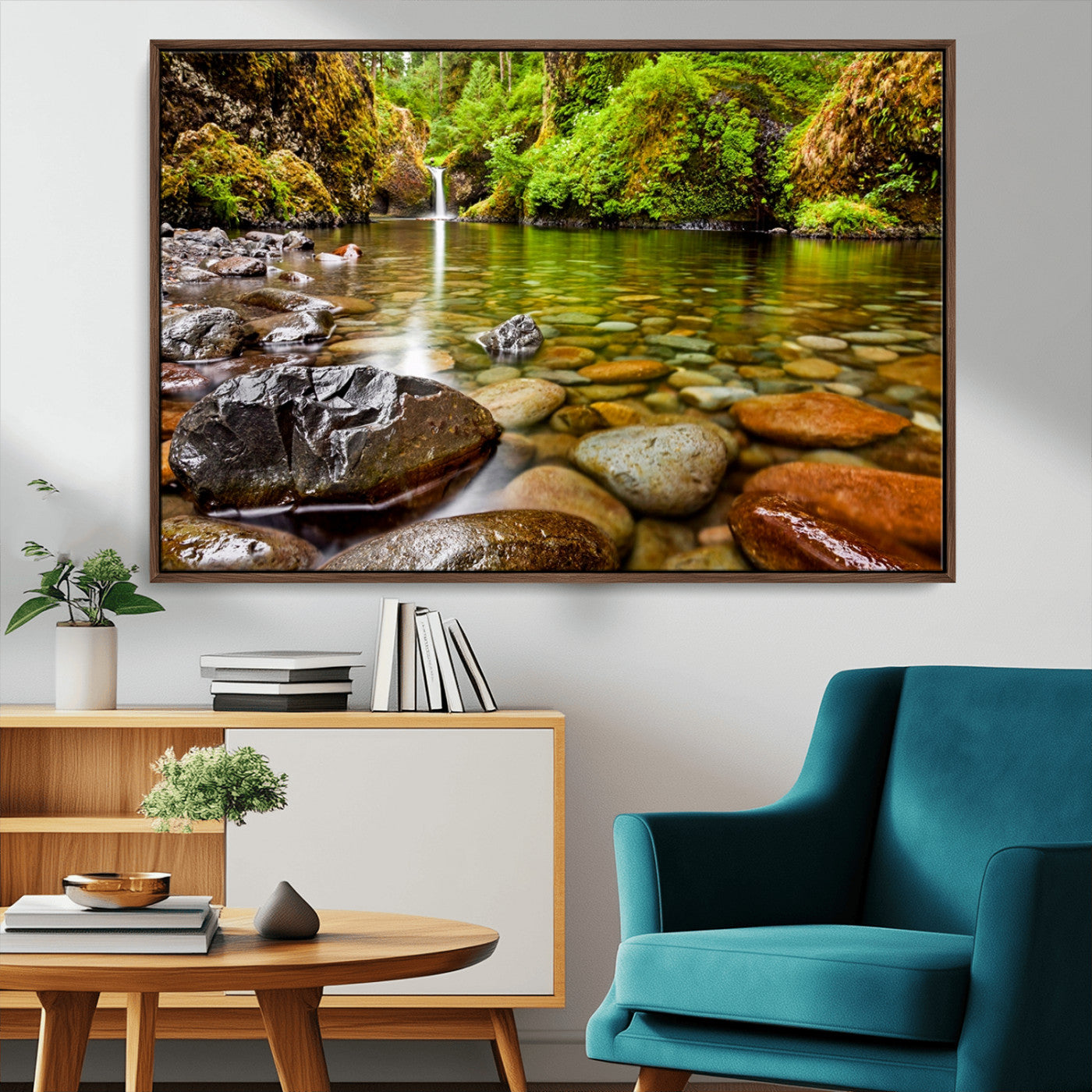 98096-MGV-CV-36X24-Serene River Waterfall Nature Photo – Calm Clear Water, Vibrant Green Forest and Smooth Stones Landscape Wall Art for Home or