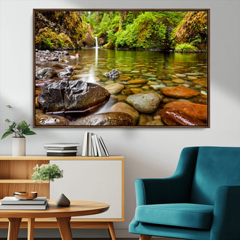 98096-MGV-CV-36X24-Serene River Waterfall Nature Photo – Calm Clear Water, Vibrant Green Forest and Smooth Stones Landscape Wall Art for Home or