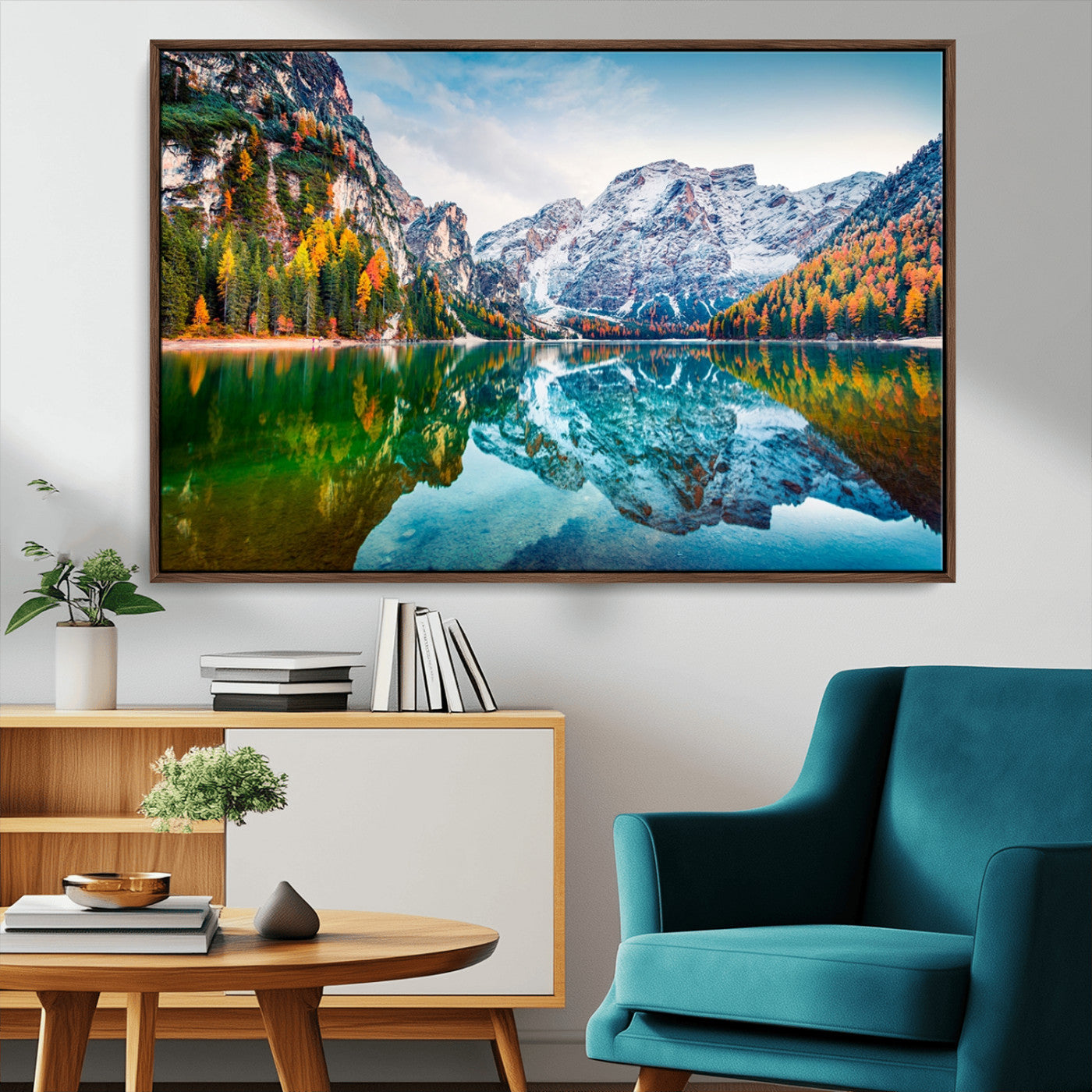 10402-MGV-CV-36X24-Snowy Mountain Lake Wall Art – Autumn Landscape Canvas Print with Reflection, Nature Decor for Living Room, Office, Bedroom or