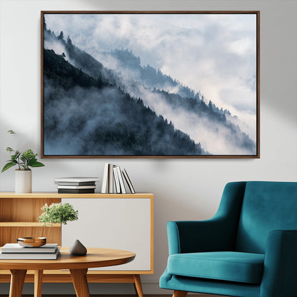 85737-MGV-CV-36X24-Misty Mountain Wall Art – Atmospheric Pine Forest Canvas Print with Fog and Mist, Calm Nature Decor for Living Room, Bedroom,