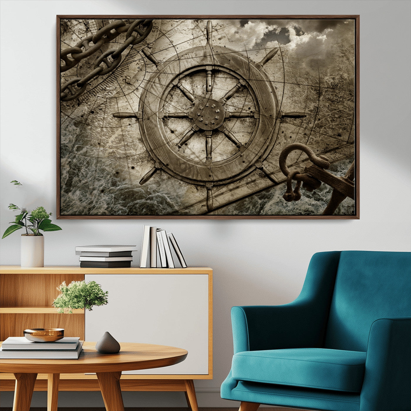 45482-MGV-CV-36X24-Nautical Ship Wheel Wall Art – Vintage Maritime Canvas Print, Ocean Adventure Decor for Office, Man Cave or Living Room