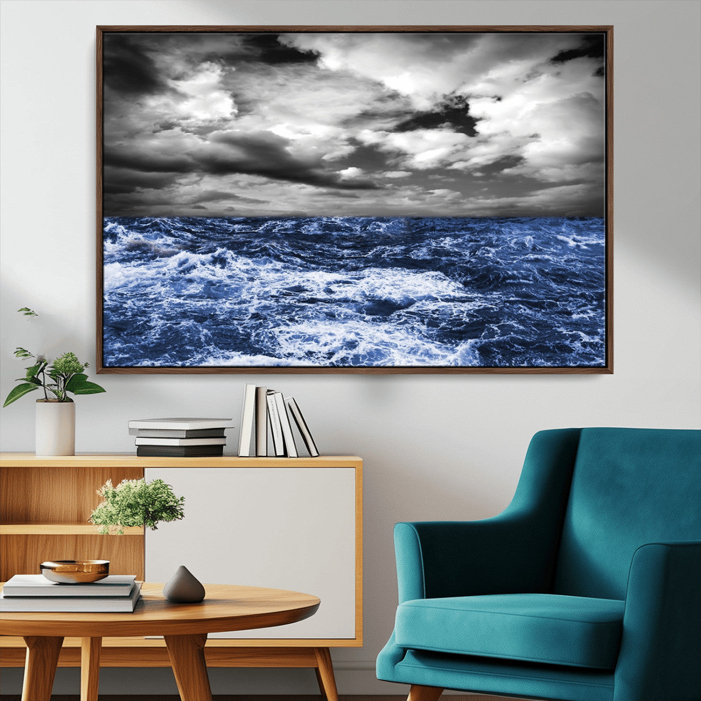 36012-MGV-CV-36X24-Dramatic Stormy Ocean Waves Black and White with Deep Blue Highlights – Moody Seascape Wall Art, Nature Photography Print for Home