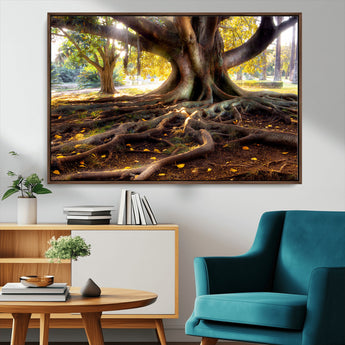 53335-MGV-CV-36X24-Majestic Tree with Sprawling Roots Wall Art – Serene Sunlit Park Scene, Nature Canvas Print, Perfect for Living Room, Office or