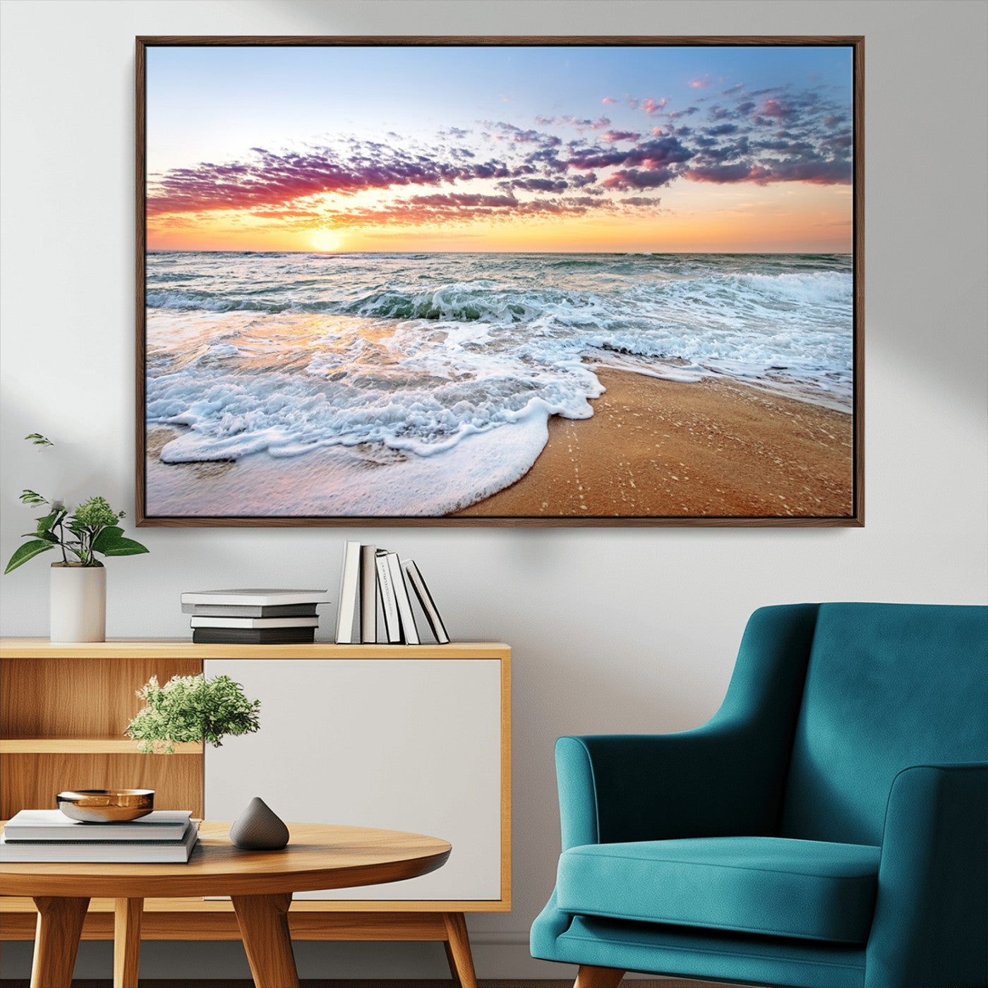 39560-MGV-CV-36X24-Sunrise Beach Wall Art – Vibrant Ocean Waves and Golden Sand Canvas Print, Seaside Coastal Decor for Living Room, Bedroom or