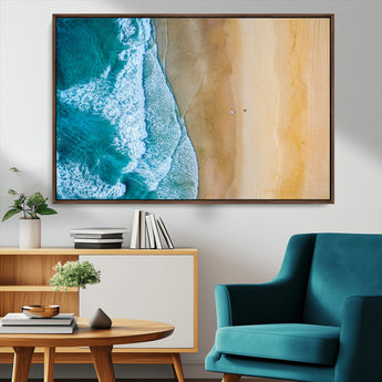 46640-MGV-CV-36X24-Aerial Beach Wall Art – Turquoise Waves and Golden Sand Canvas Print with Lone Surfer, Coastal Ocean Decor for Living Room,