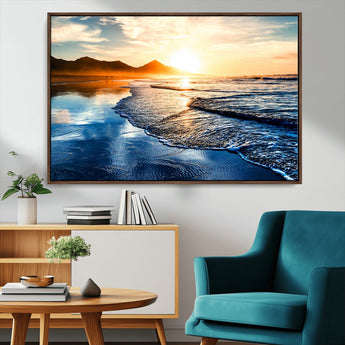 86173-MGV-CV-36X24-Golden Sunset Beach Wall Art – Reflective Ocean Canvas Print with Mountains and Waves, Coastal Nature Decor for Living Room,