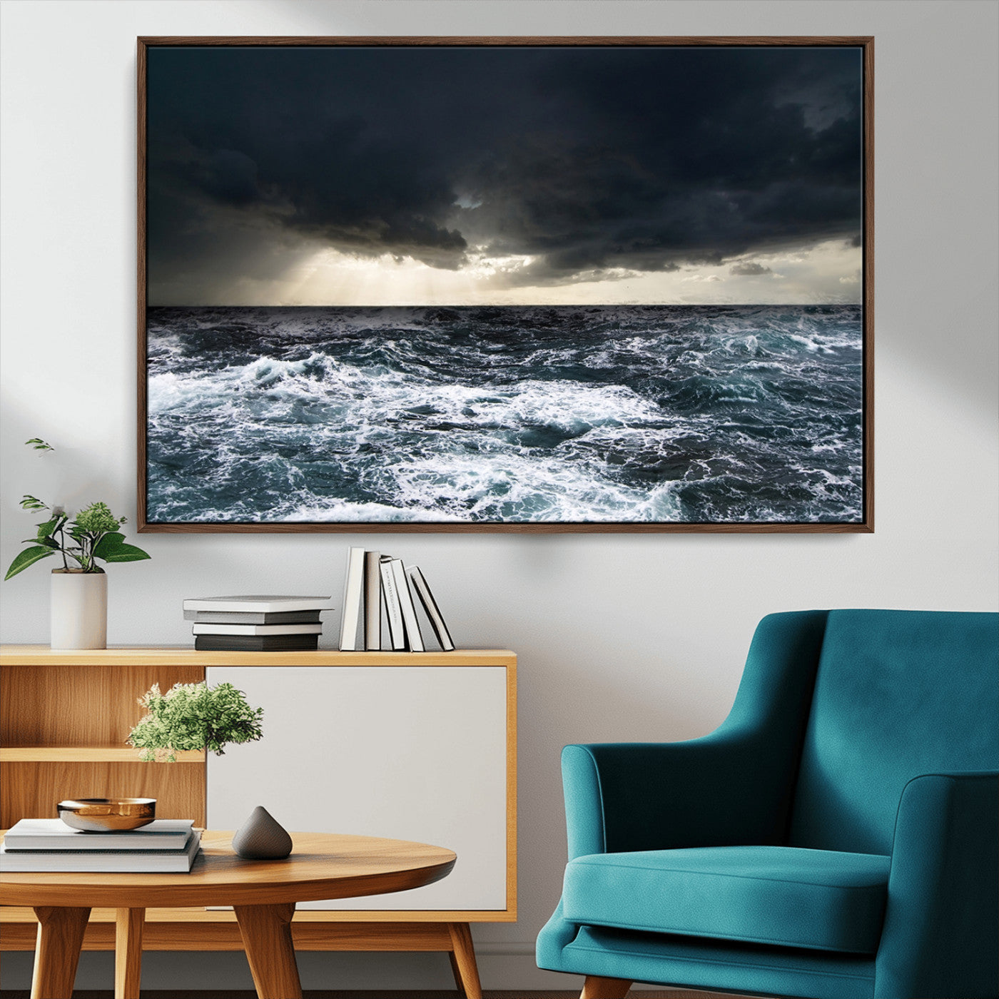 42607-MGV-CV-36X24-Stormy Ocean Wall Art – Dramatic Sea and Sky Canvas Print with Sun Rays, Moody Nature Decor for Living Room, Office, Bedroom or