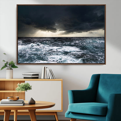 42607-MGV-CV-36X24-Stormy Ocean Wall Art – Dramatic Sea and Sky Canvas Print with Sun Rays, Moody Nature Decor for Living Room, Office, Bedroom or
