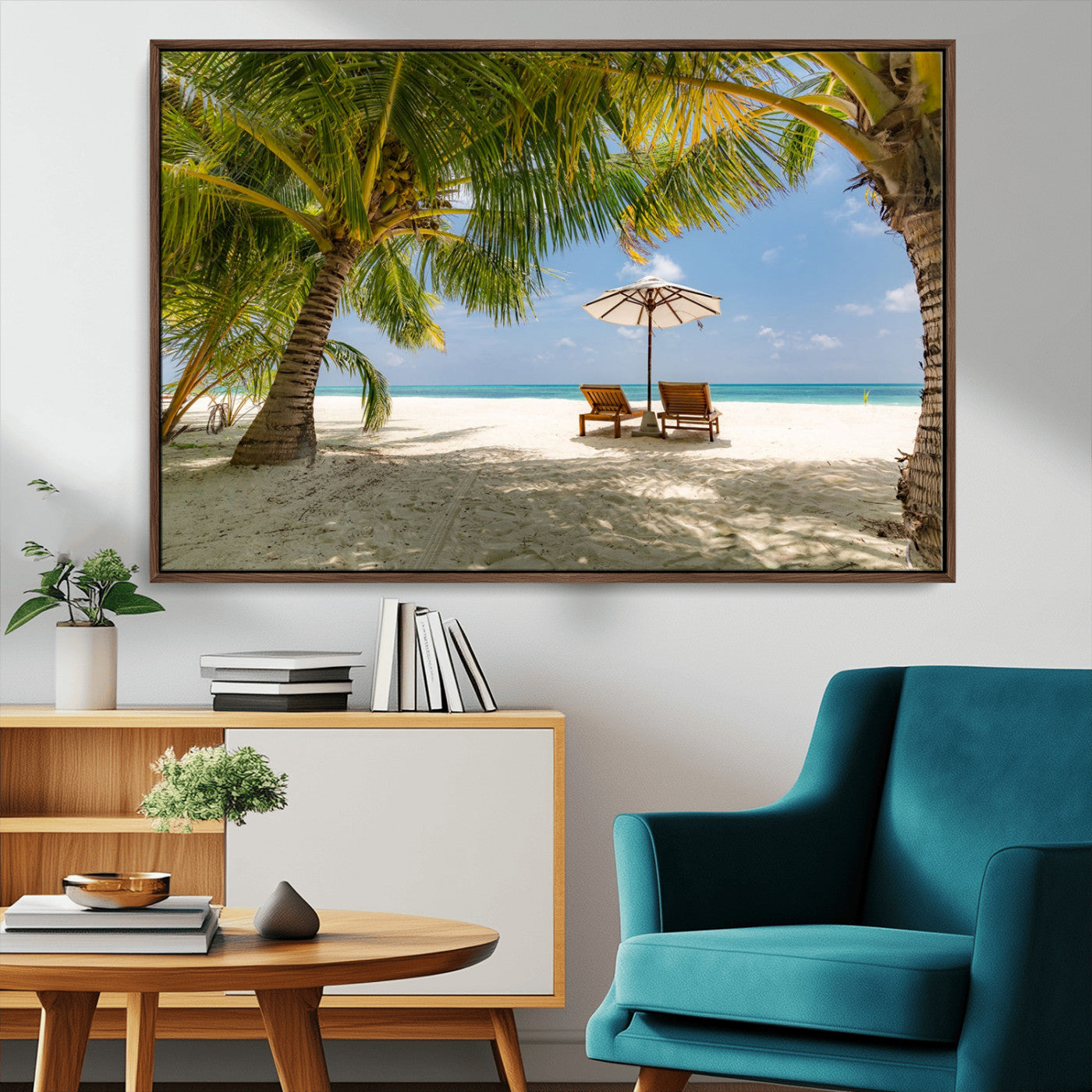 83601-MGV-CV-36X24-Tropical Beach Wall Art – Serene Palm Trees and Lounge Chairs Canvas Print, Relaxing Coastal Decor for Living Room, Bedroom or