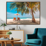 69754-MGV-CV-36X24-Tropical Beach Wall Art – Relaxing Palm Tree and Lounge Chairs Canvas Print, Serene Coastal Decor for Living Room, Bedroom, Office