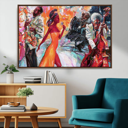 24452-MGV-CV-36X24-Vibrant Jazz Musician Painting - Expressive Art Print of Live Jazz Band, Perfect Wall Decor for Music Lovers and Art Enthusiasts