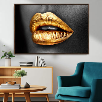 84747-MGV-CV-36X24-Golden Lips Black & White Portrait – Glamorous Metallic Lip Art Print, Modern Wall Decor for Bedroom, Beauty & Fashion Lover Gift