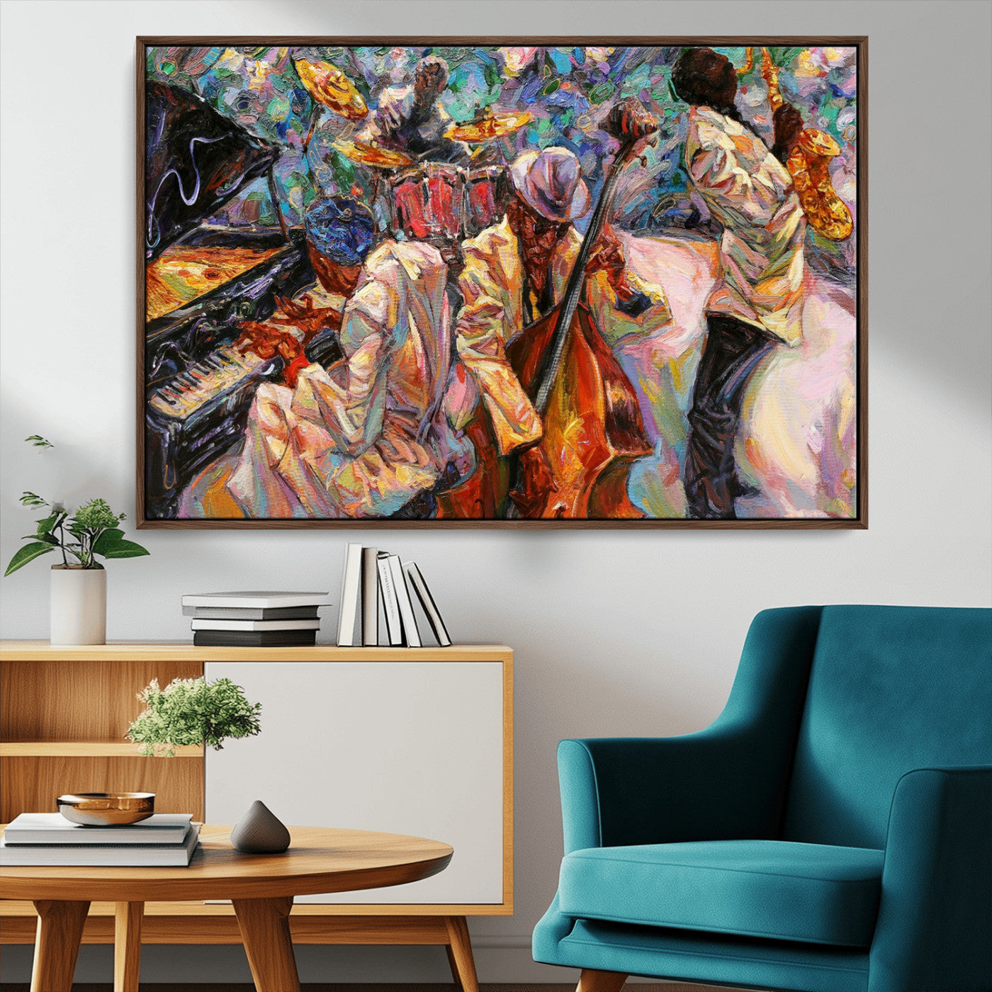 34929-MGV-CV-36X24-Vibrant Jazz Band Painting – Colorful Musical Art Print, Energetic Wall Decor for Music Lovers, Modern Home or Studio Decoration