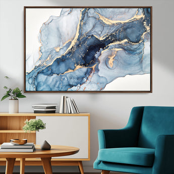 33782-MGV-CV-36X24-Abstract Marble Wall Art – Blue & Gold Fluid Painting Canvas Print, Modern Home Decor for Living Room, Bedroom or Office