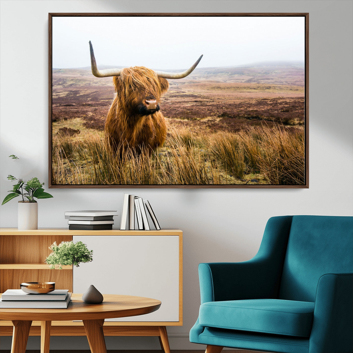 79391-MGV-CV-36X24-Majestic Highland Cow in Misty Scottish Moorland – Rustic Natural Charm, Perfect for Unique Home or Office Decor
