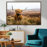 79391-MGV-CV-36X24-Majestic Highland Cow in Misty Scottish Moorland – Rustic Natural Charm, Perfect for Unique Home or Office Decor
