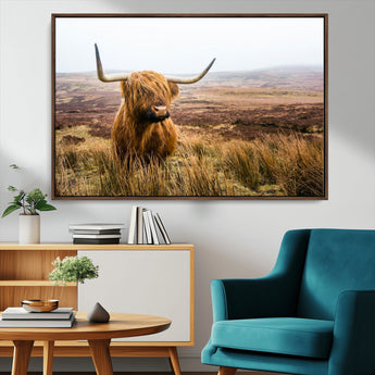 79391-MGV-CV-36X24-Majestic Highland Cow in Misty Scottish Moorland – Rustic Natural Charm, Perfect for Unique Home or Office Decor