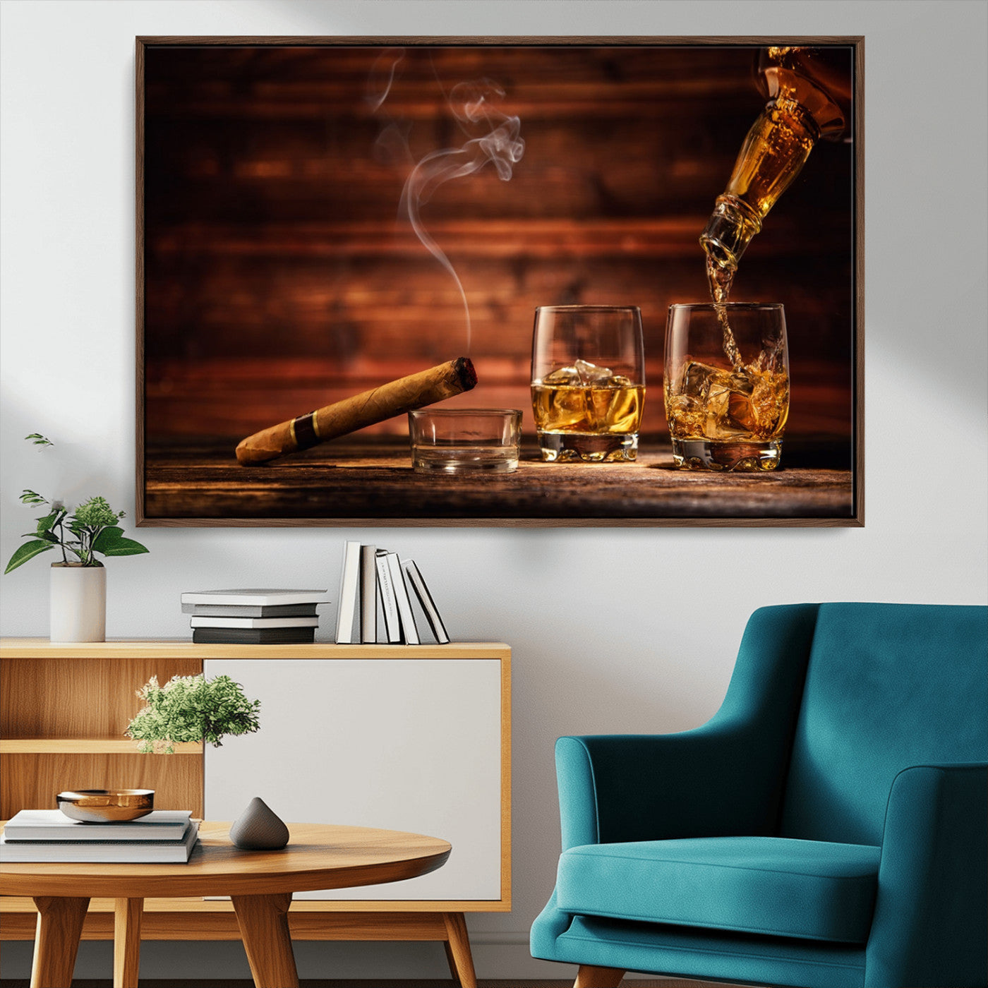 41139-MGV-CV-36X24-Whiskey and Cigar Still Life – Glasses with Ice and Pouring Amber Drink on Wooden Table with Smoke, Elegant Bar or Lounge Wall