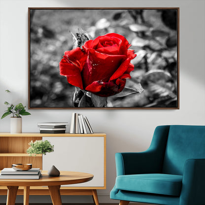 84671-MGV-CV-36X24-Red Rose Wall Art – Vibrant Single Bloom Canvas Print with Black and White Background, Elegant Floral Decor for Living Room,