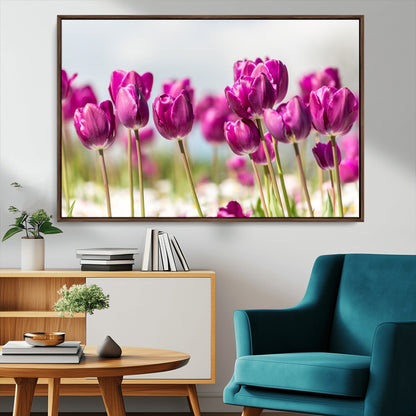 30632-MGV-CV-36X24-Purple Tulip Field Wall Art – Beautiful Spring Flowers Canvas Print with Soft Focus and Bright Sky, Ideal Floral Decor for Home or