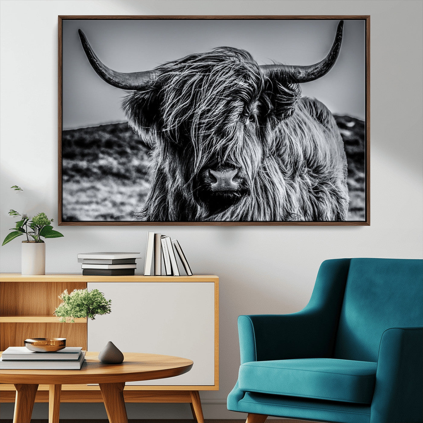 97372-MGV-CV-36X24-Elegant Highland Cow Wall Art – Black and White Canvas Print, Rustic Nature Decor for Home, Office, Living Room or Man Cave