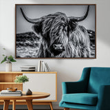97372-MGV-CV-36X24-Elegant Highland Cow Wall Art – Black and White Canvas Print, Rustic Nature Decor for Home, Office, Living Room or Man Cave