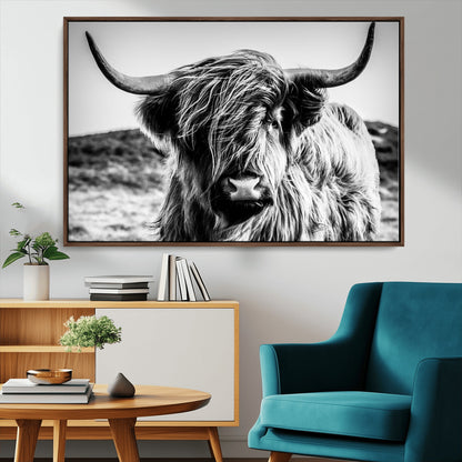 36979-MGV-CV-36X24-Striking black-and-white portrait of a Highland cow with flowing fur and majestic horns, perfect for rustic and elegant home or