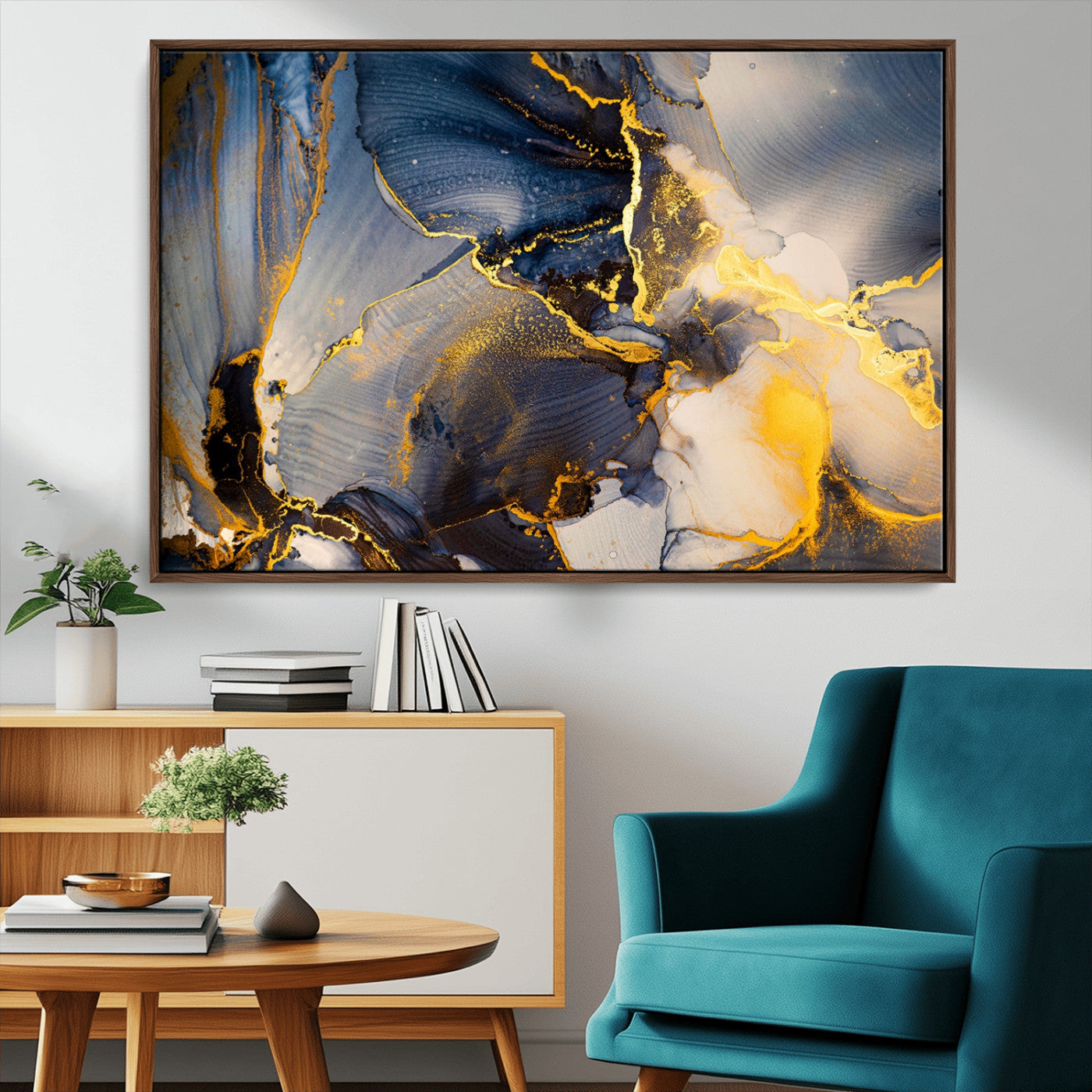 42100-MGV-CV-36X24-Golden Flow Abstract Wall Art – Panoramic Modern Blue and Gold Canvas Print, Contemporary Artistic Decor for Home, Office