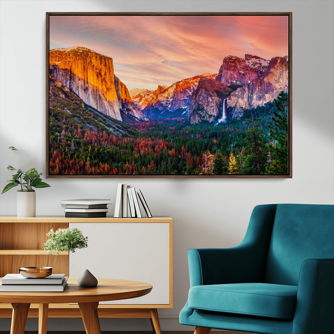 24519-MGV-CV-36X24-Yosemite Valley Sunset Wall Art – Majestic Mountain Landscape with Waterfall and Vibrant Sky, Nature Photography for Home or