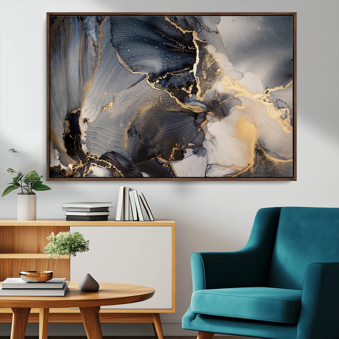 24068-MGV-CV-36X24-Luxury Abstract Wall Art – Gold & Gray Fluid Ink Painting Canvas, Modern Metallic Home Decor, Elegant Office or Living Room Accent