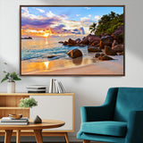 43209-MGV-FC-36X24_Walnut-Tropical Beach Sunset Wall Art – Golden Ocean Waves and Palm Trees with Rocky Shore Canvas Print, Coastal Seascape Decor for