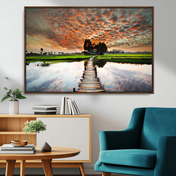29105-MGV-FC-36X24_Walnut-Rustic Wooden Bridge Wall Art – Scenic Sunset Over Rice Fields and Reflective Water Canvas Print, Nature Landscape Decor for