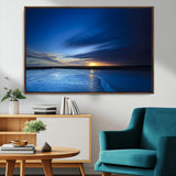65405-MGV-FC-36X24_Walnut-Blue Sunrise Seascape Wall Art – Tranquil Ocean Horizon Canvas Print with Golden Sunlight and Deep Sky, Coastal Landscape Decor