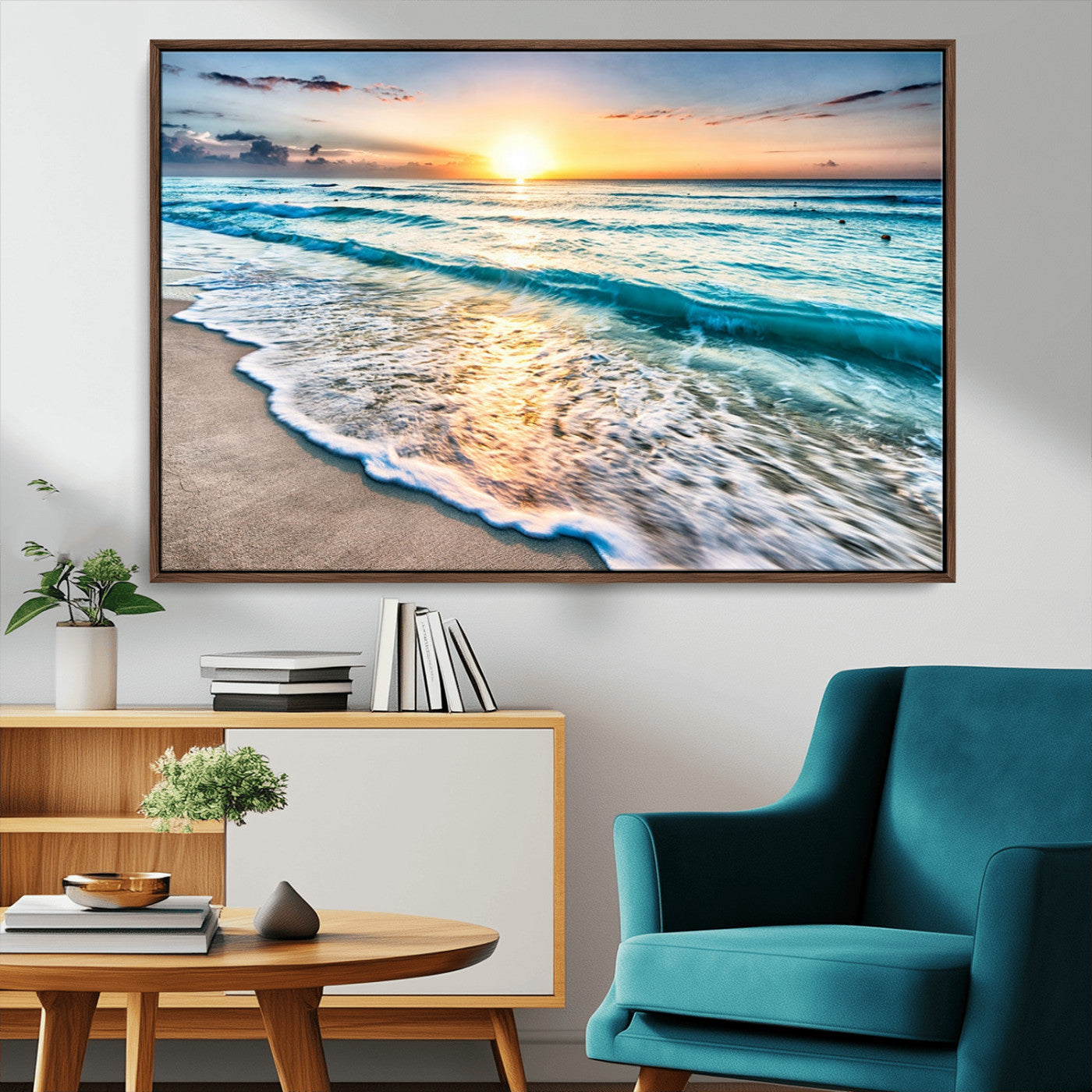 27815-MGV-FC-36X24_Walnut-Ocean Sunrise Beach Wall Art – Serene Coastal Canvas Print with Waves and Golden Morning Light, Relaxing Seascape Decor for