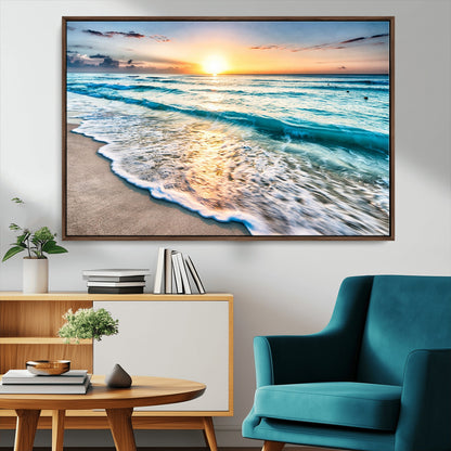 27815-MGV-FC-36X24_Walnut-Ocean Sunrise Beach Wall Art – Serene Coastal Canvas Print with Waves and Golden Morning Light, Relaxing Seascape Decor for
