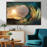 38256-MGV-FC-36X24_Walnut-Ocean Wave Wall Art – Stunning Sunrise Through Curling Wave Canvas Print, Coastal Surf Photography Seascape Decor for Living Room,