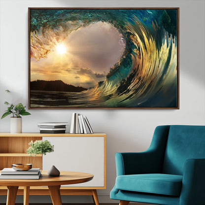 38256-MGV-FC-36X24_Walnut-Ocean Wave Wall Art – Stunning Sunrise Through Curling Wave Canvas Print, Coastal Surf Photography Seascape Decor for Living Room,