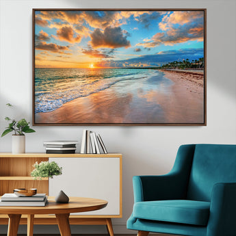 41572-MGV-FC-36X24_Walnut-Sunset Beach Wall Art – Ocean Waves and Palm Trees Canvas Print, Tropical Coastal Sunset Seascape Decor for Living Room, Bedroom
